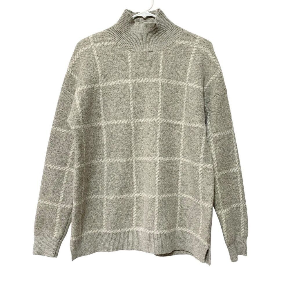 Rachel Zoe Womens L Gray White Windowpane Wool Blend Long Sleeve Sweater